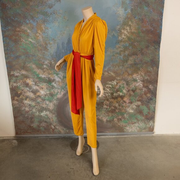 Vintage * LILLI ANN * 80s Mustard Yellow Draped Jumpsuit with Red Sash Belt - Picture 8 of 16